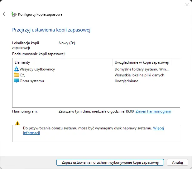 Zapisywanie ustawień Backupu